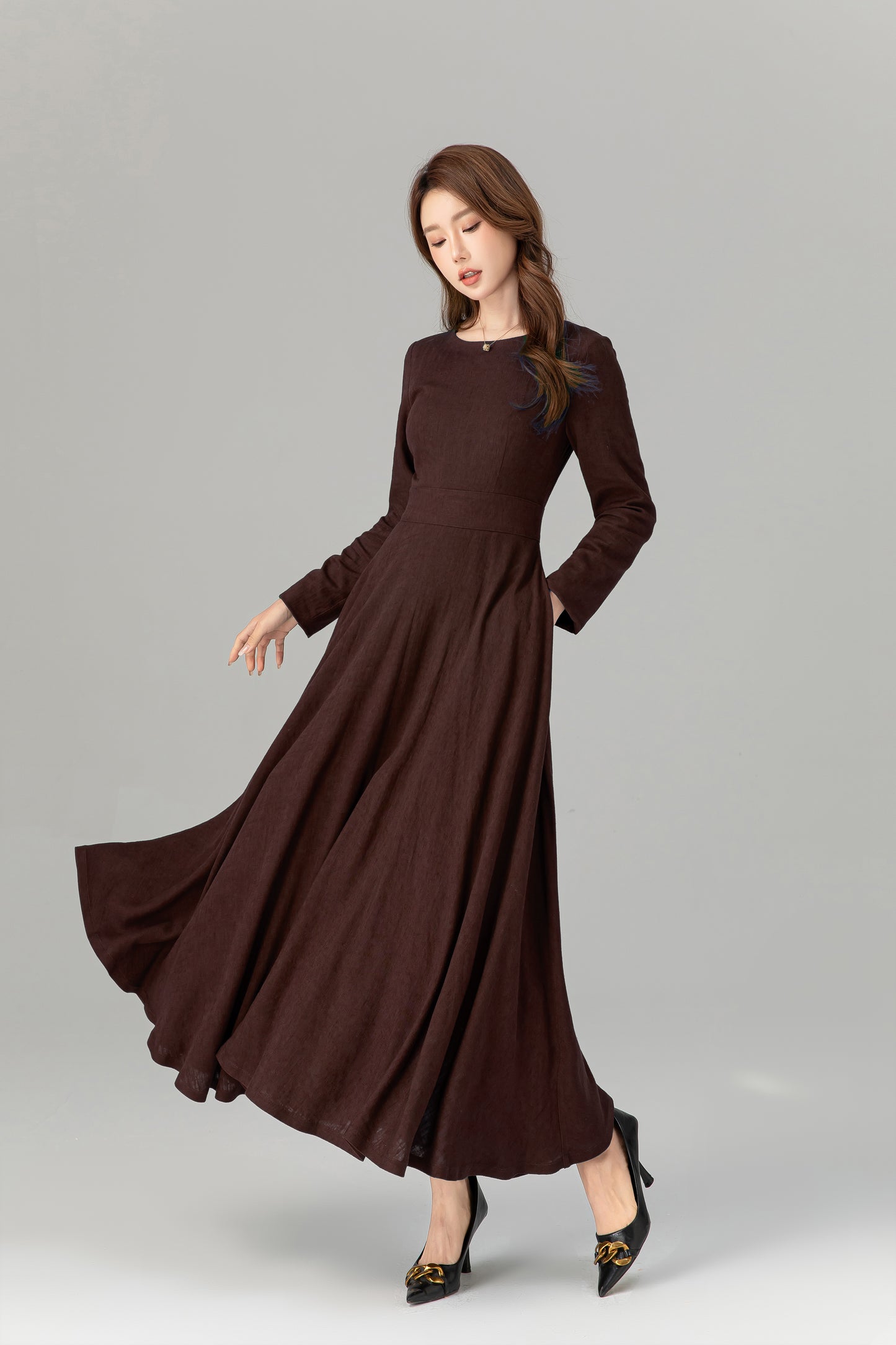 Women’s Chocolate Brown Linen Maxi Dress – Handmade Elegant Long Dress | Xiaolizi 5695