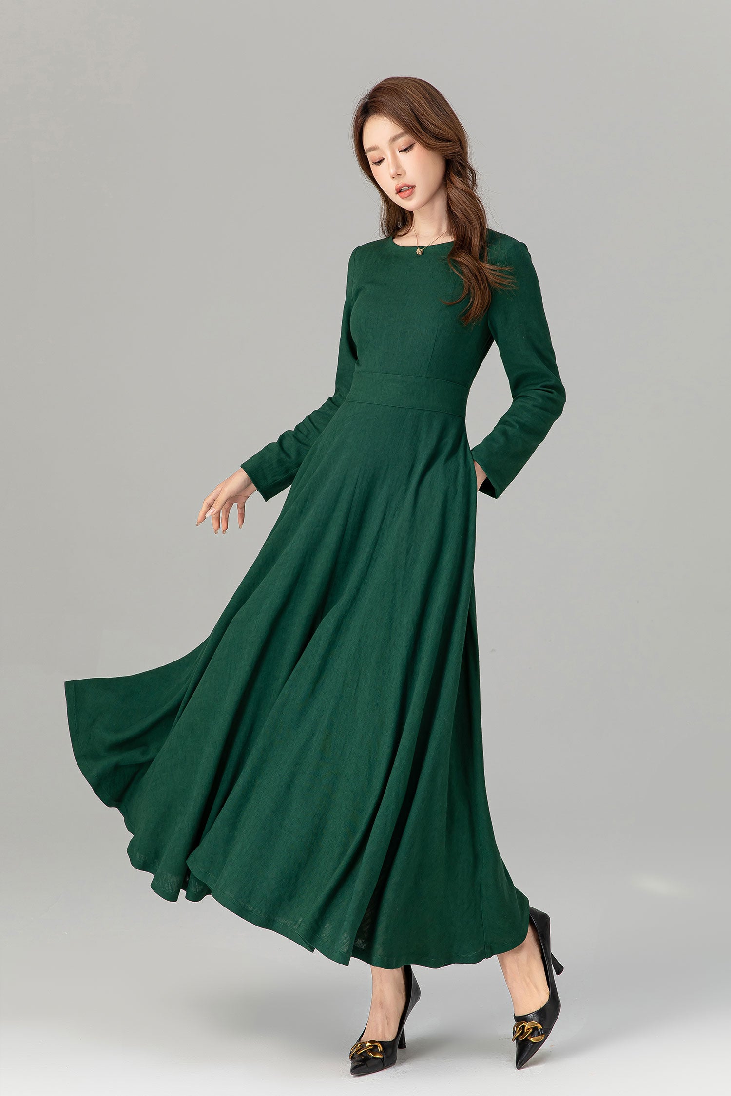 Spring Green Linen Maxi Dress Handmade Long Sleeve | Xiaolizi 4913 Green / XS Spring Green Linen Maxi Dress Handmade Long Sleeve | Xiaolizi 4913 Green / XS