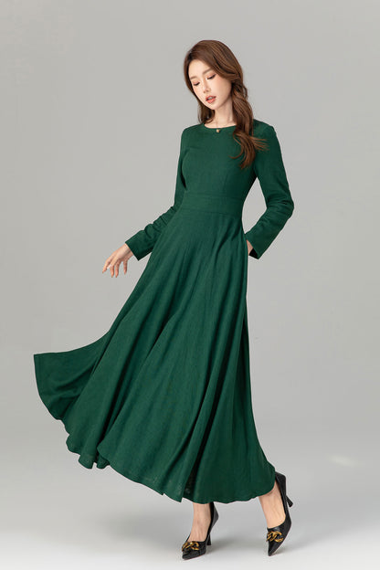 Handmade Spring Green Linen Maxi Dress – Long Sleeve Fit and Flare | Xiaolizi 4913