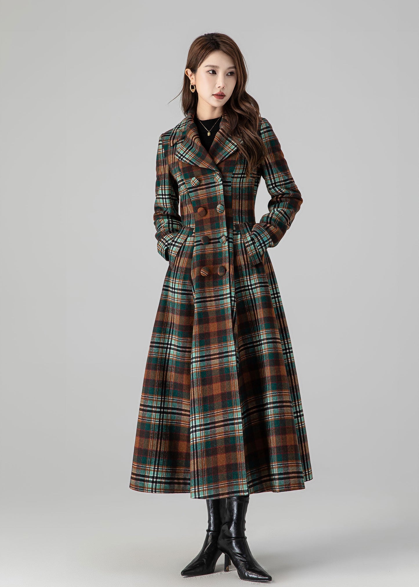 Plaid Wool Coat, Vintage inspired Long wool coat 4510
