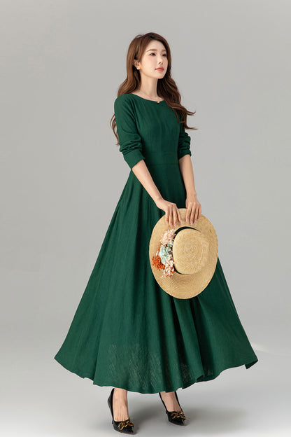 Handmade Spring Green Linen Maxi Dress – Long Sleeve Fit and Flare | Xiaolizi 4913