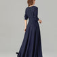 Handmade Navy Blue Linen Maxi Dress – Long Sleeve Fit and Flare | Xiaolizi 5752