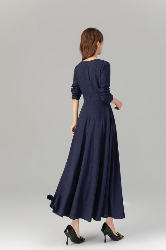 Handmade Navy Blue Linen Maxi Dress – Long Sleeve Fit and Flare | Xiaolizi 5752