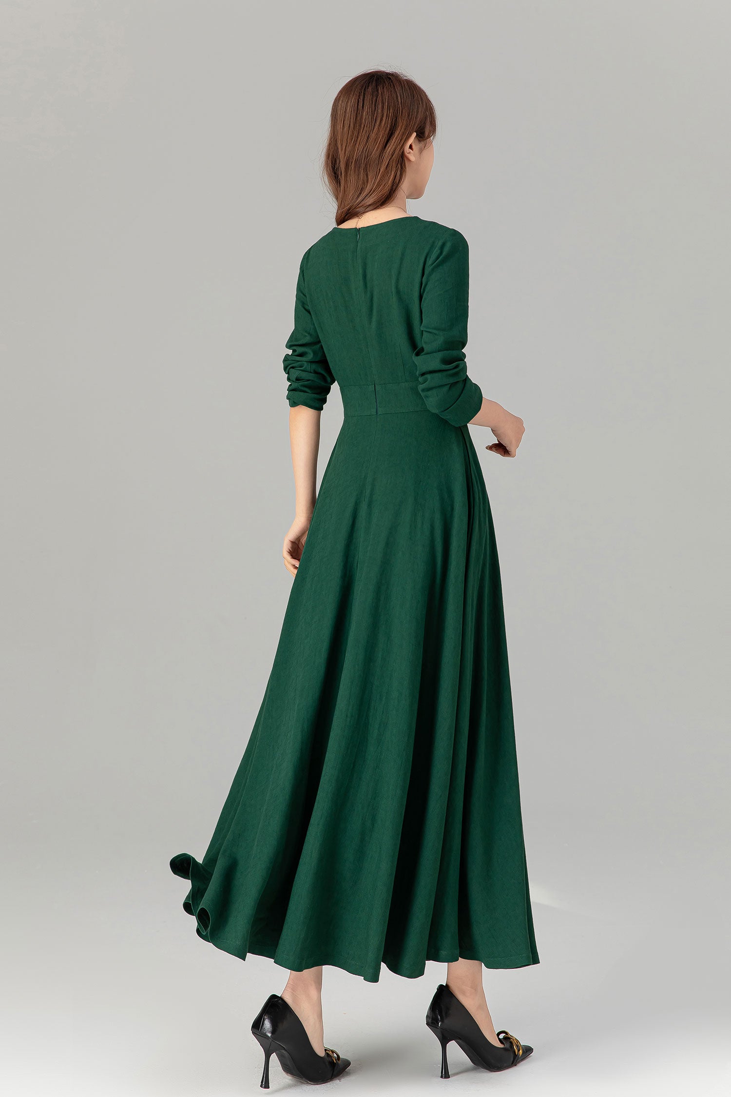 Spring Green Linen Maxi Dress Handmade Long Sleeve | Xiaolizi 4913 Green / Xs Spring Green Linen Maxi Dress Handmade Long Sleeve | Xiaolizi 4913 Green / Xs