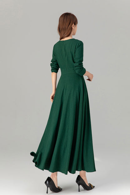 Handmade Spring Green Linen Maxi Dress – Long Sleeve Fit and Flare | Xiaolizi 4913