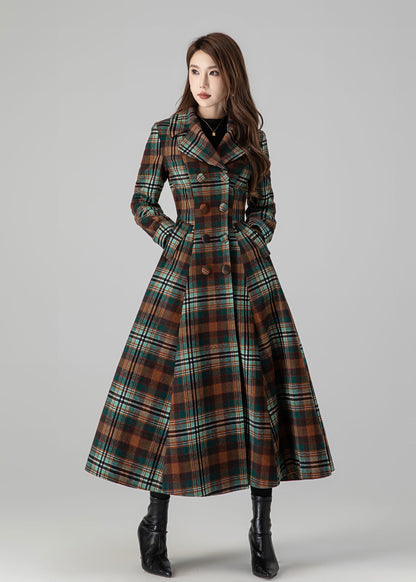 Plaid Wool Coat, Vintage inspired Long wool coat 4510