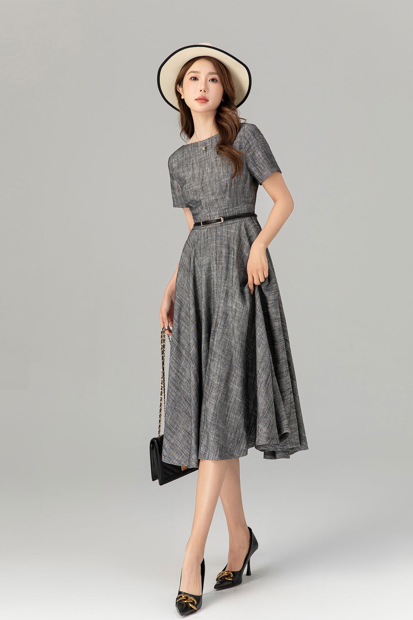 Gray Linen Cotton Midi Dress