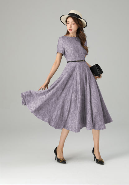 Parisian Linen Midi Dress with Belt – Elegant Fit and Flare Dress 6670