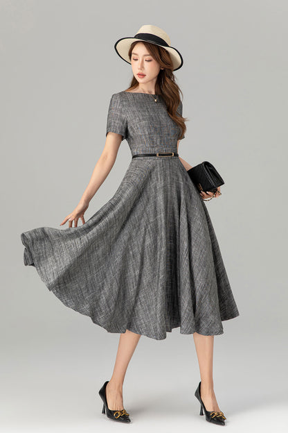 Gray Linen Cotton Midi Dress - Fit and Flare with Belt 4914