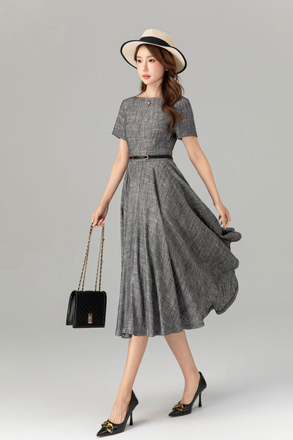 Gray Linen Cotton Midi Dress - Fit and Flare with Belt 4914