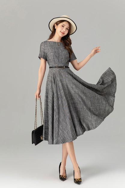 Gray Linen Cotton Midi Dress - Fit and Flare with Belt 4914