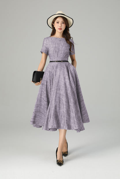 Parisian Linen Midi Dress with Belt – Elegant Fit and Flare Dress 6670