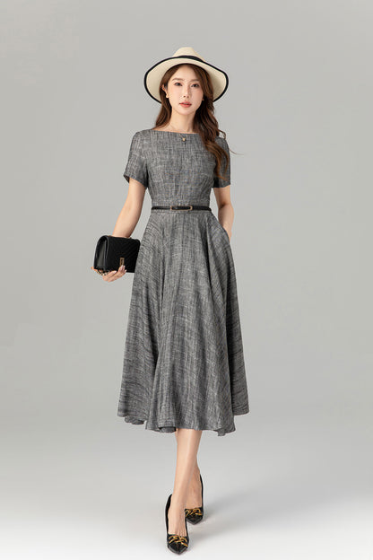 Gray Linen Cotton Midi Dress - Fit and Flare with Belt 4914