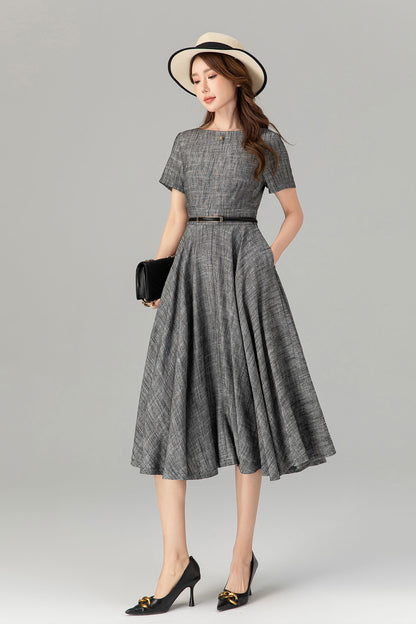 Gray Linen Cotton Midi Dress - Fit and Flare with Belt 4914