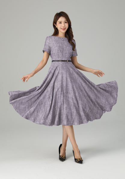 Parisian Linen Midi Dress with Belt – Elegant Fit and Flare Dress 6670