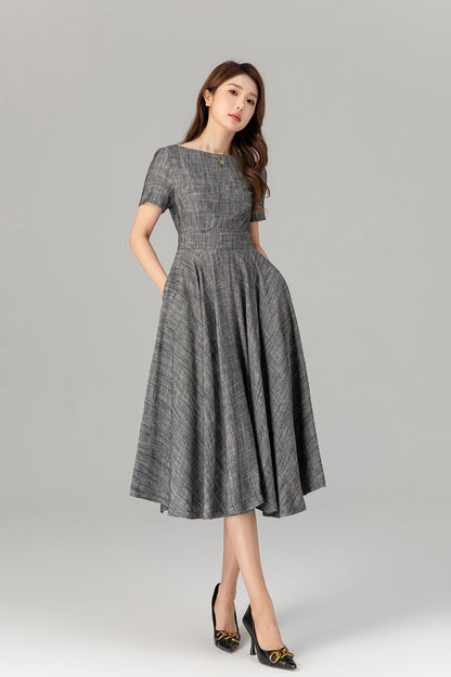 Gray Linen Cotton Midi Dress - Fit and Flare with Belt 4914