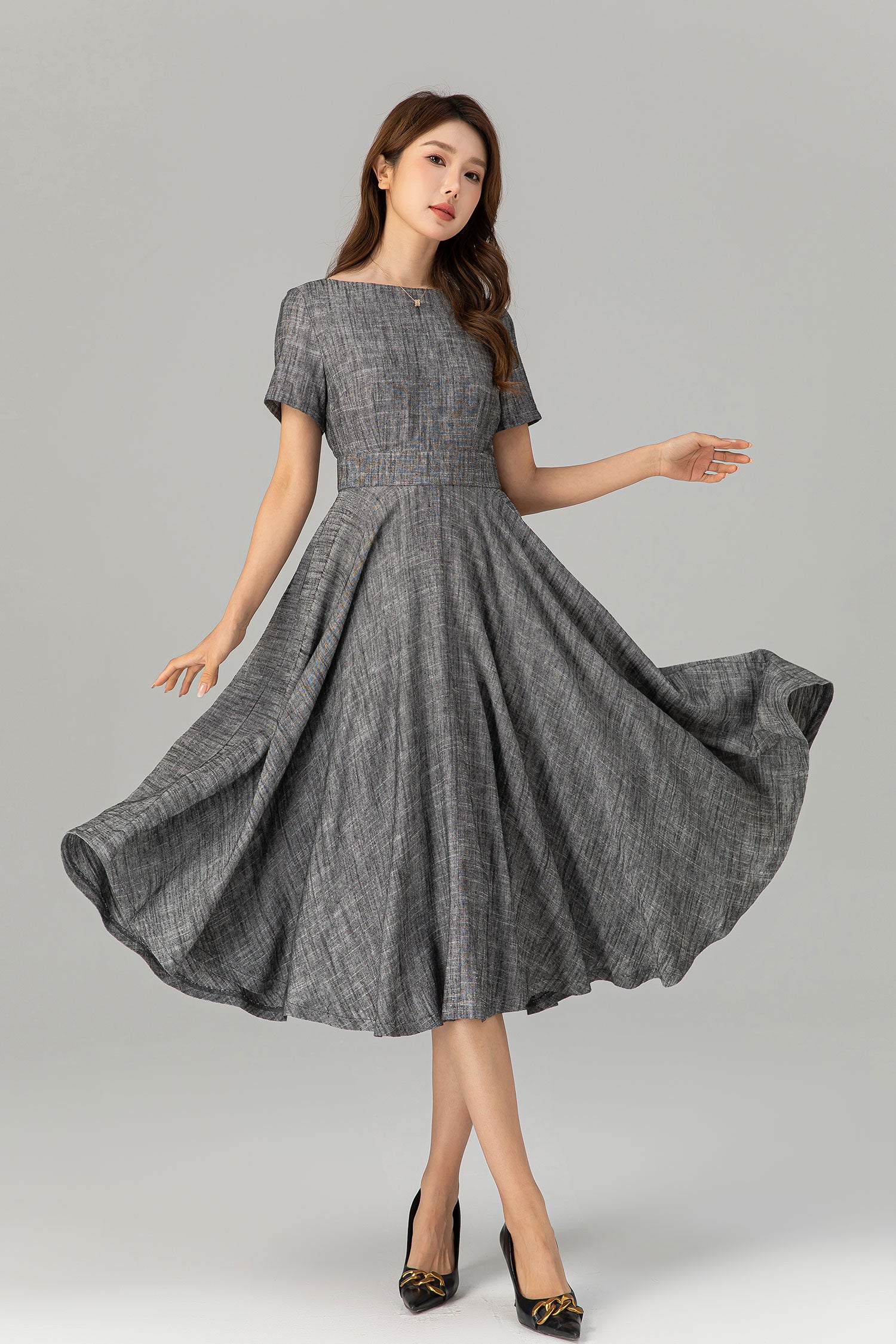 grey midi dress Gray Linen Cotton Midi Dress