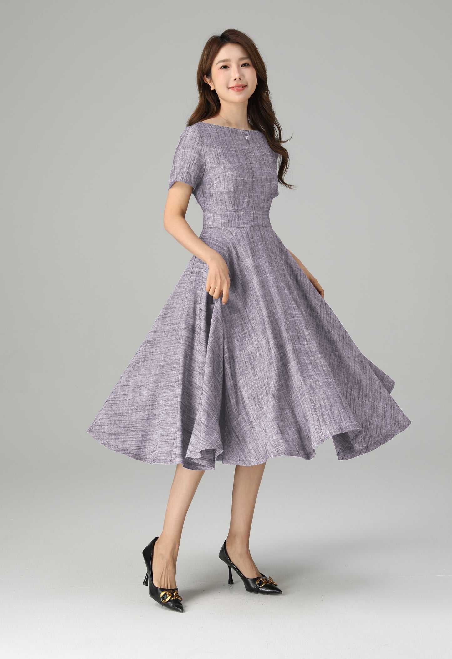 Parisian Linen Midi Dress with Belt – Elegant Fit and Flare Dress 6670