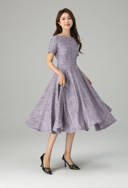 Parisian Linen Midi Dress with Belt – Elegant Fit and Flare Dress 6670