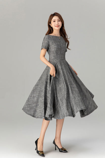 Gray Linen Cotton Midi Dress - Fit and Flare with Belt 4914