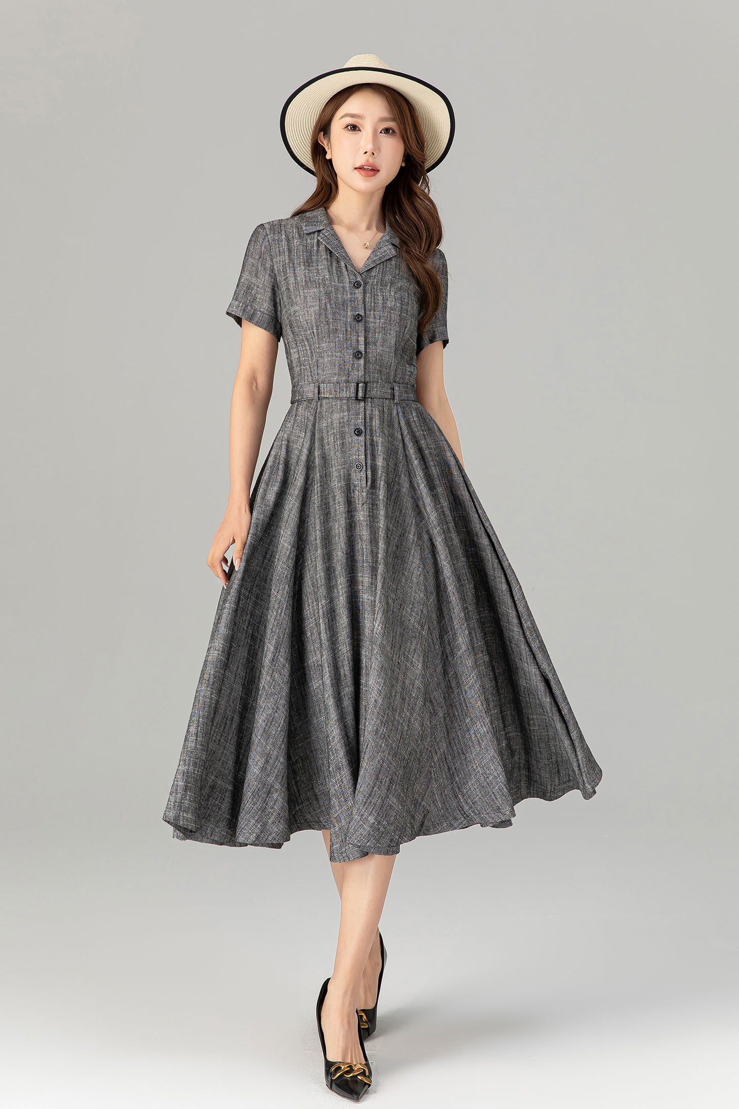 Gray Linen Shirt Dress Minimalist Summer Midi | Xiaolizi 4912 Gray / M Gray Linen Shirt Dress Minimalist Summer Midi | Xiaolizi 4912 Gray / M
