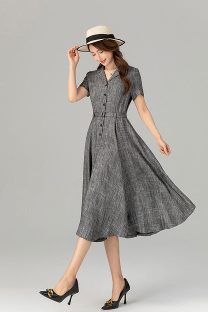 Linen Blend Shirt Dress in Gray – Casual Summer Midi Outfit 4912