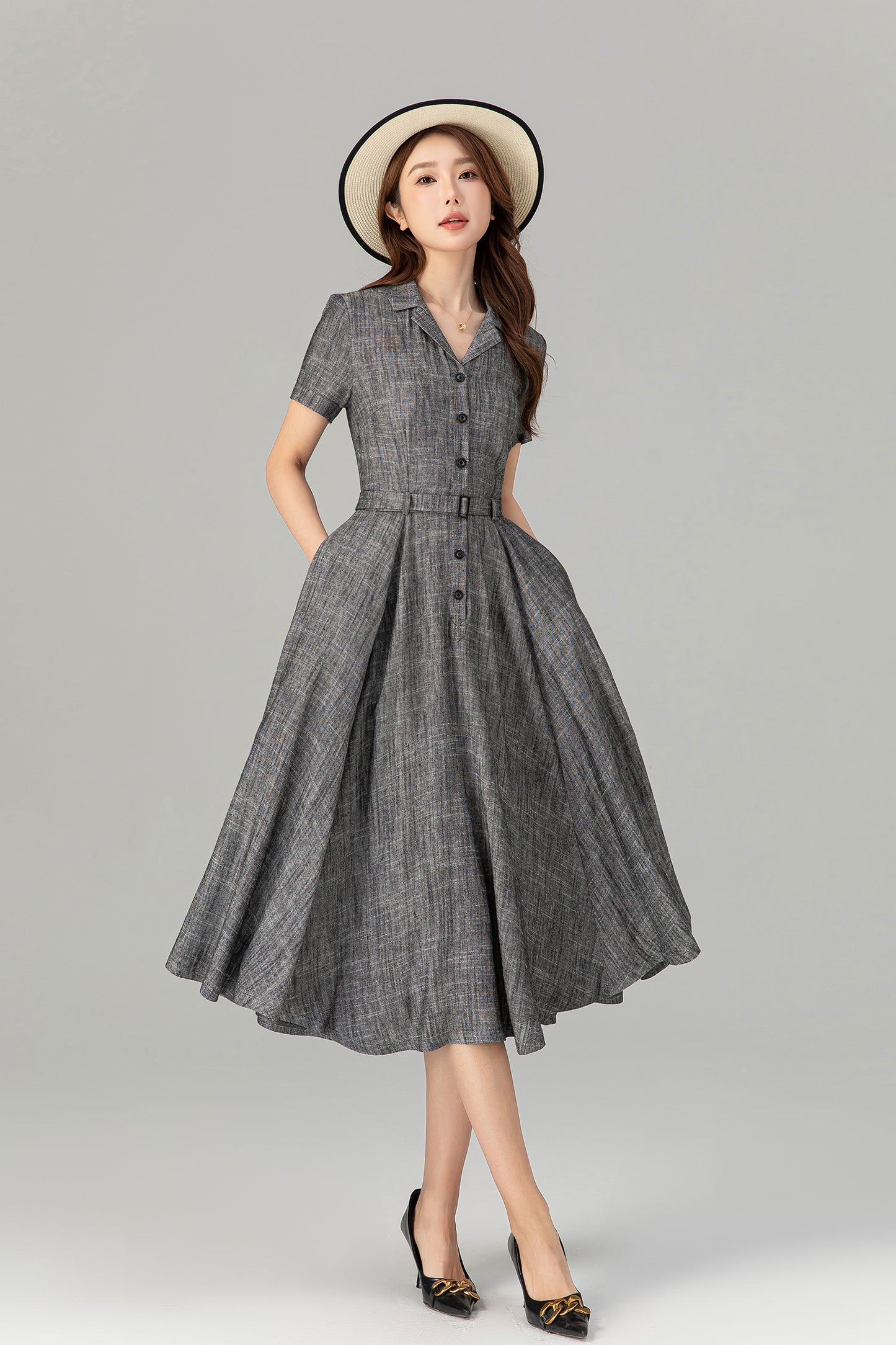 1950s gray short sleeves midi shirt dress 4912