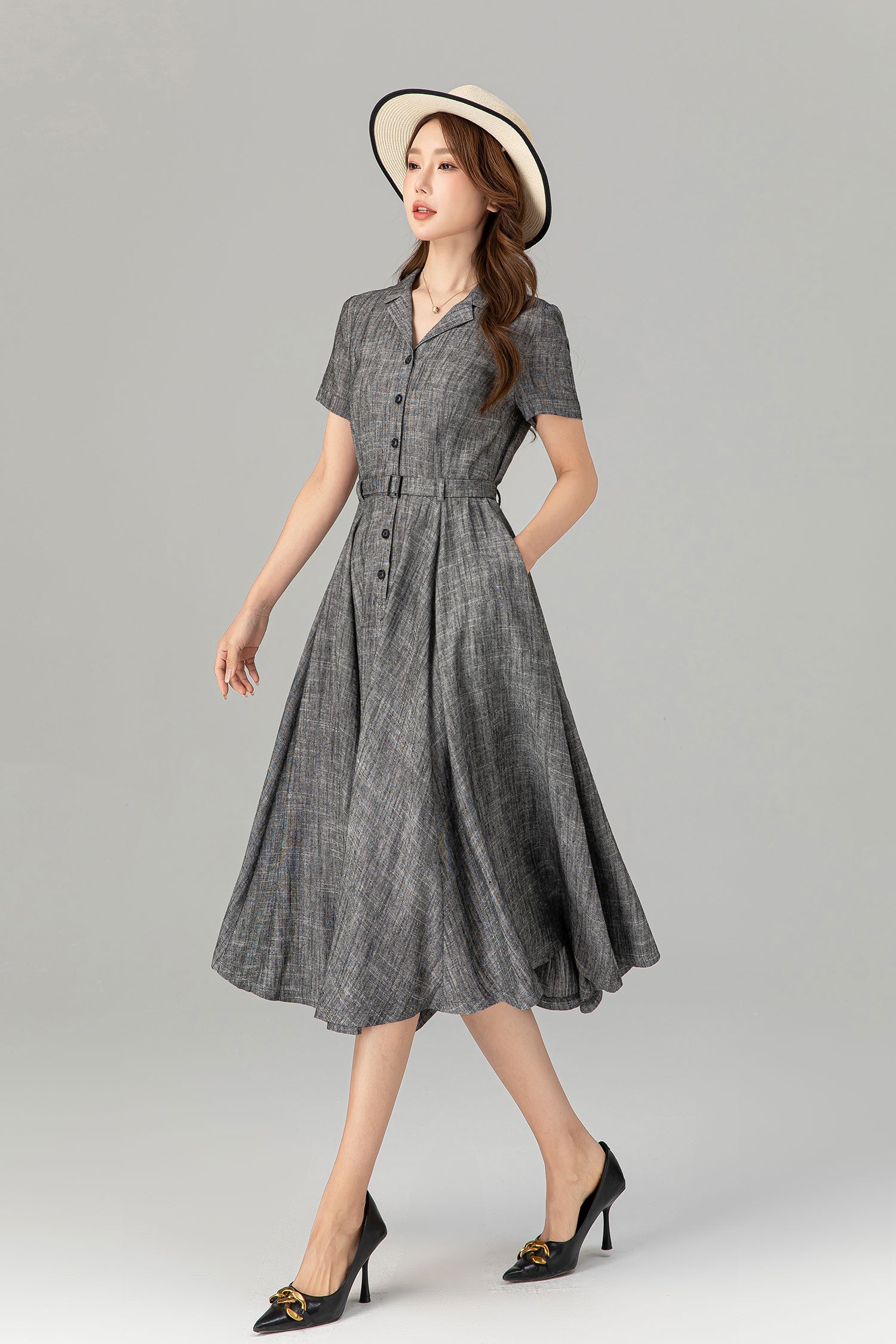 Gray Linen Shirt Dress Minimalist Summer Midi | Xiaolizi 4912 Gray / M Gray Linen Shirt Dress Minimalist Summer Midi | Xiaolizi 4912 Gray / M