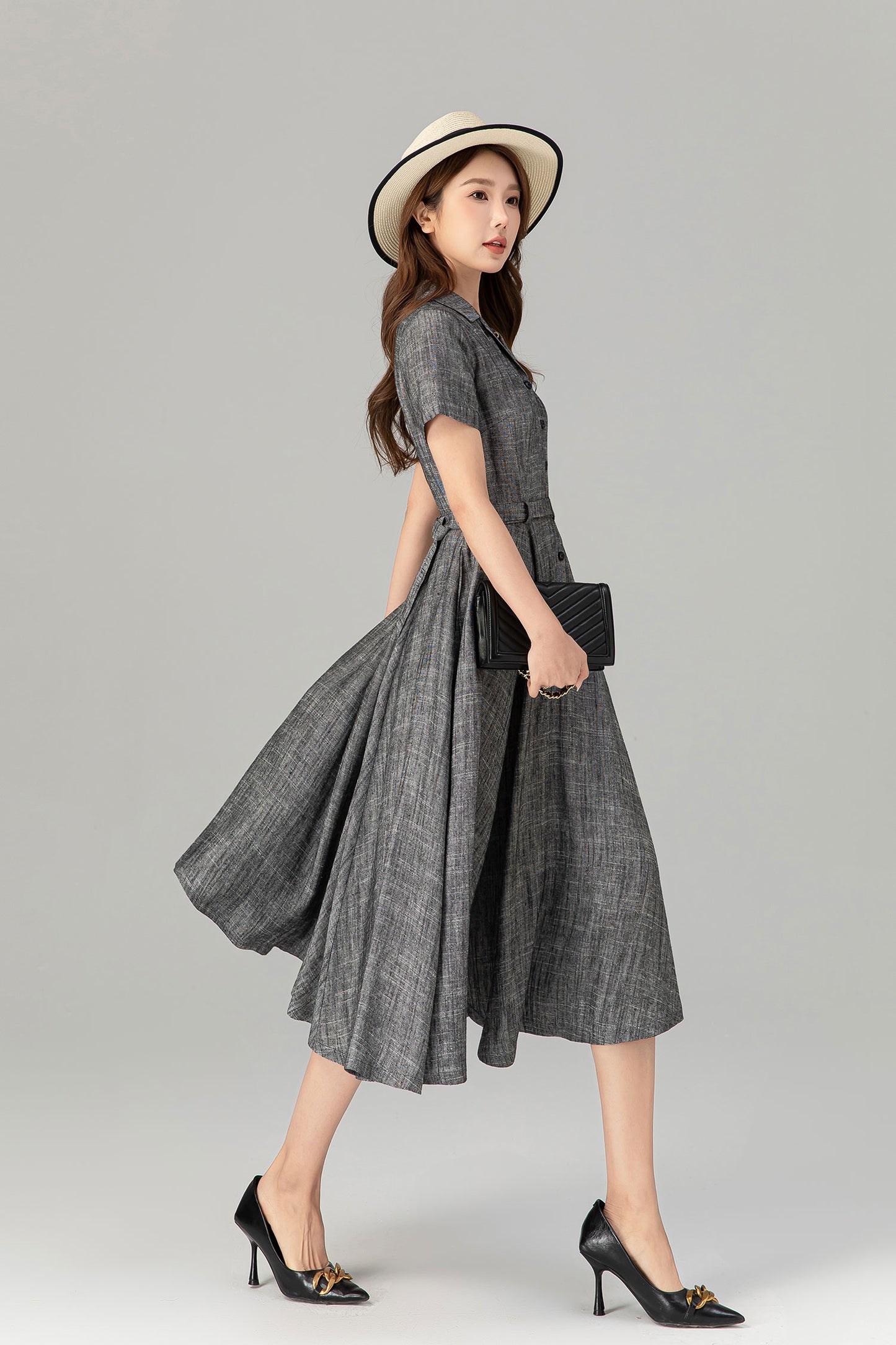 1950s gray short sleeves midi shirt dress 4912
