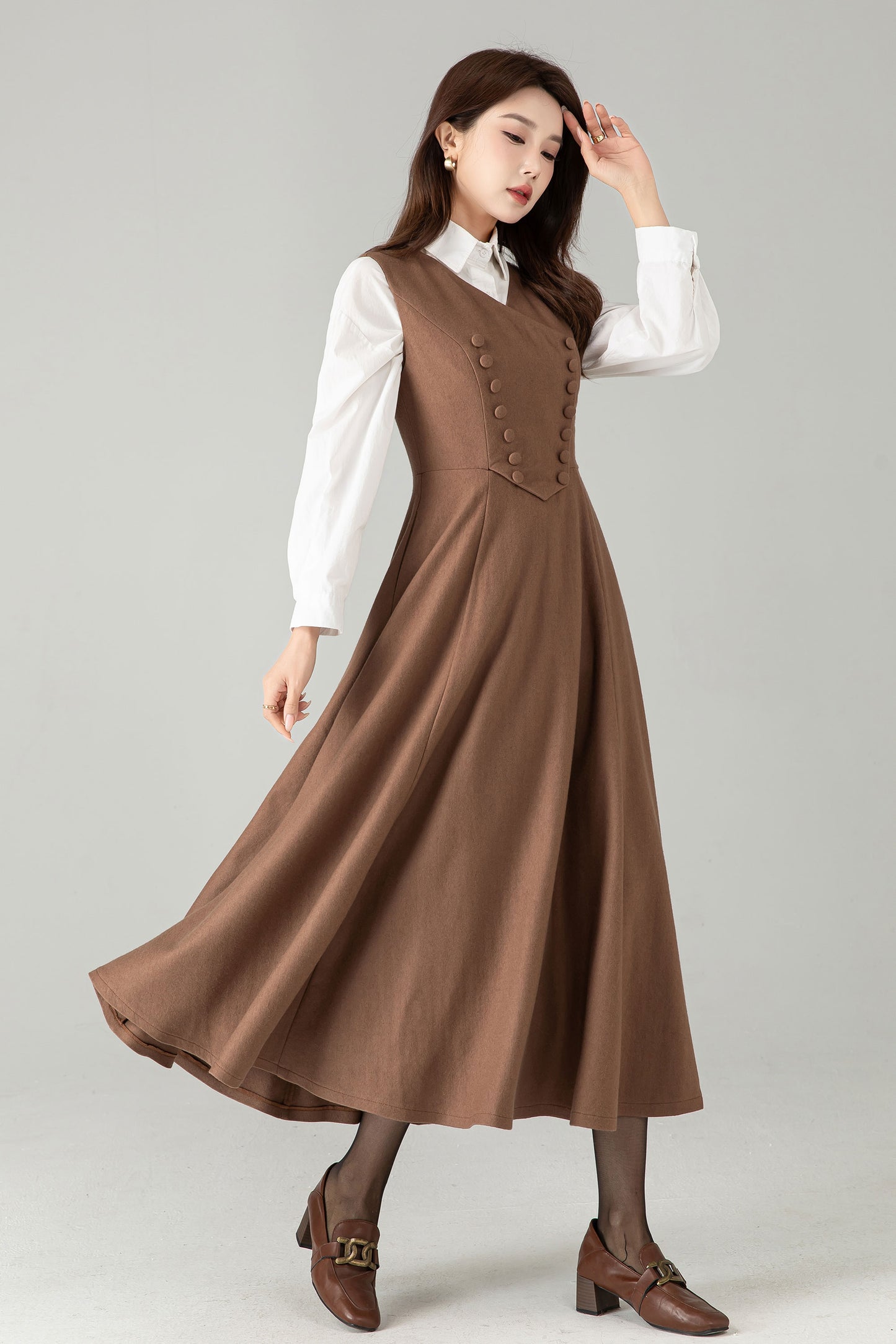 Camel Wool Pinafore Dress – Vintage A-Line Winter Jumper Dress | Xiaolizi 6568