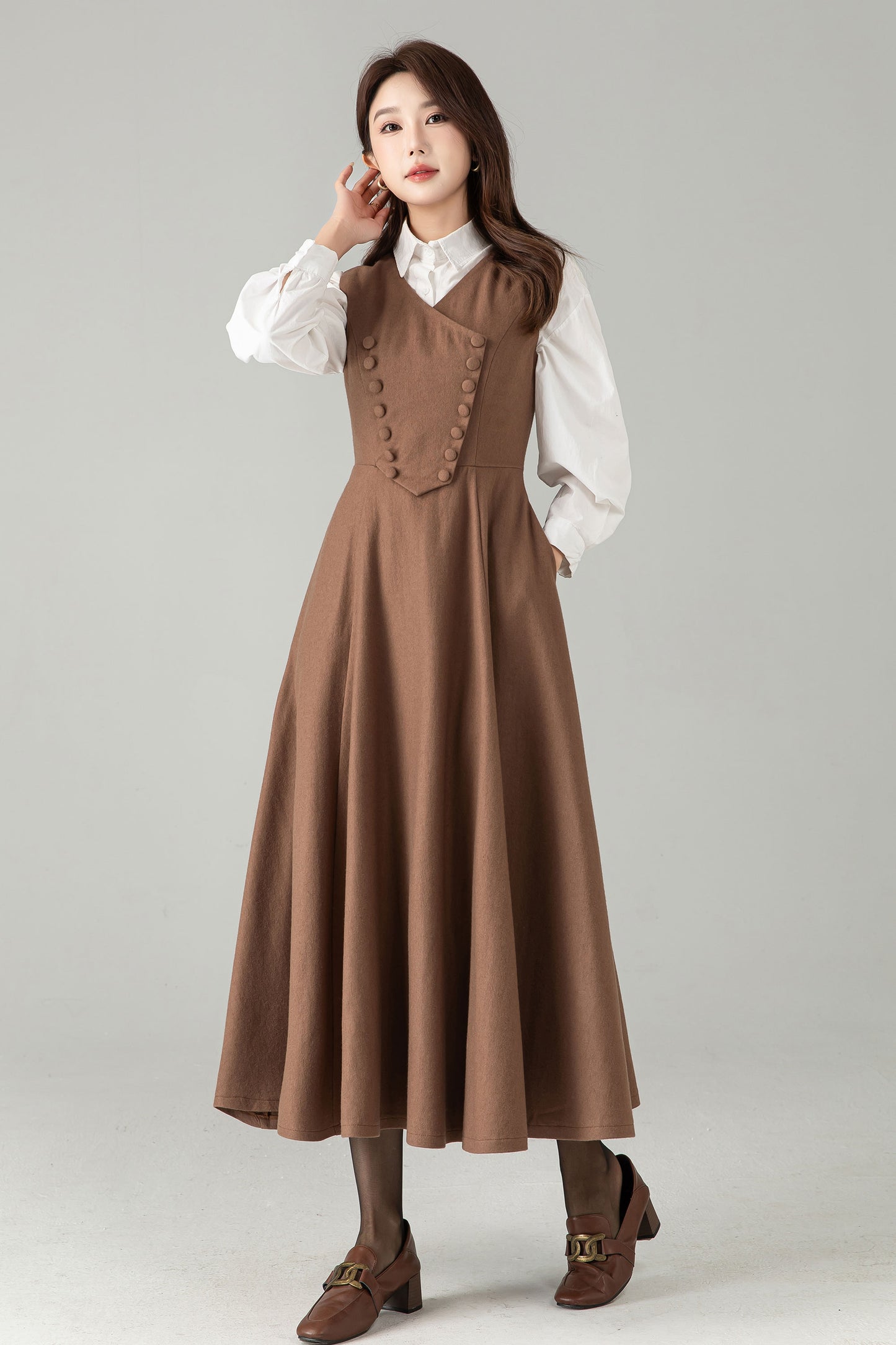 Camel Wool Pinafore Dress – Vintage A-Line Winter Jumper Dress | Xiaolizi 6568