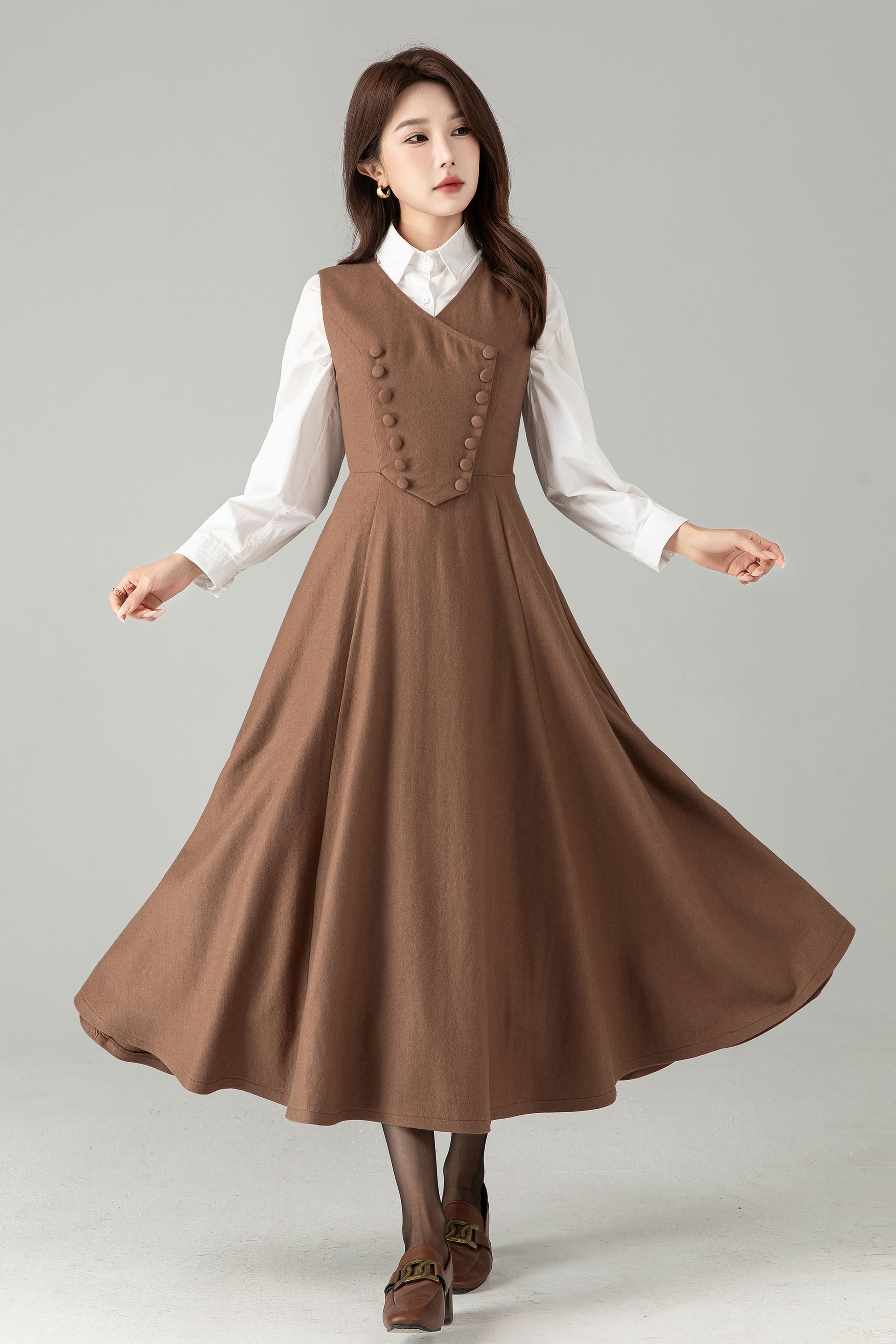 pinafore winter dress Autumn Winter Woolen Pinafore Dress with Pockets,Chic Midi Dress for Layering,Elegant Vintage Style Beige/taupe wool Dress L0694