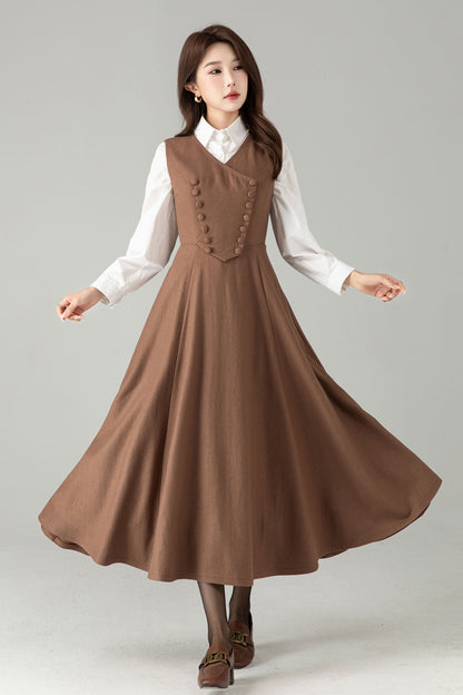 Camel Wool Pinafore Dress – Vintage A-Line Winter Jumper Dress | Xiaolizi 6568