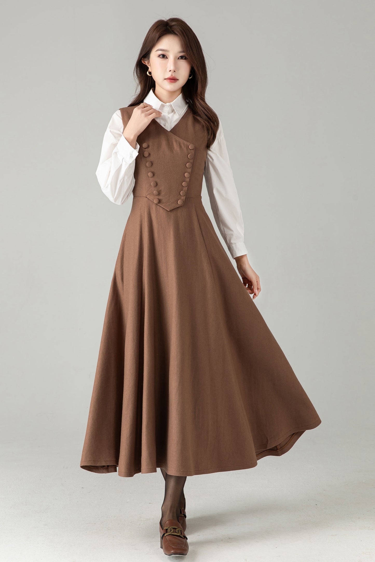 Camel Wool Pinafore Dress – Vintage A-Line Winter Jumper Dress | Xiaolizi 6568