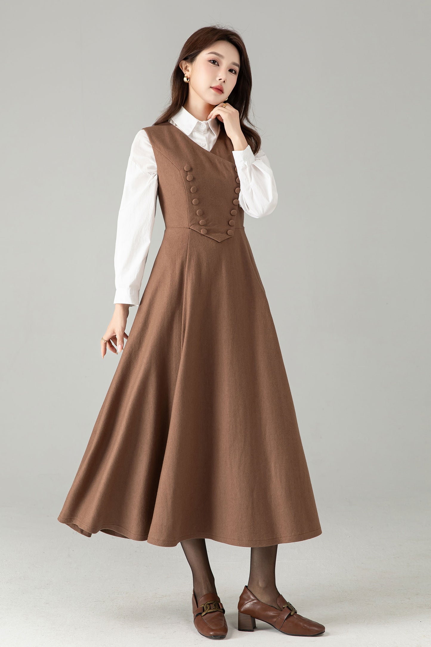 Camel Wool Pinafore Dress – Vintage A-Line Winter Jumper Dress | Xiaolizi 6568