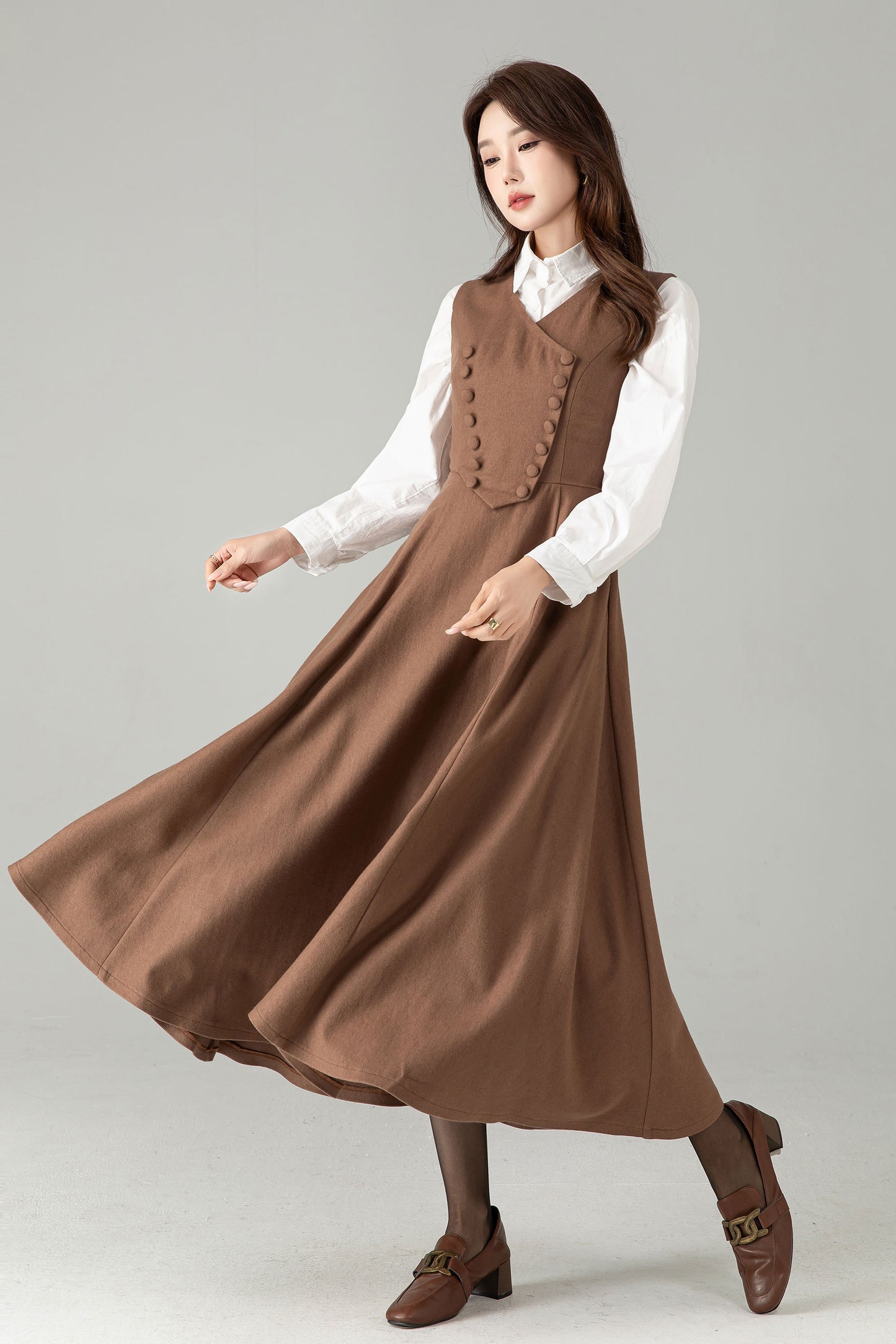 Camel Wool Pinafore Dress – Vintage A-Line Winter Jumper Dress | Xiaolizi 6568