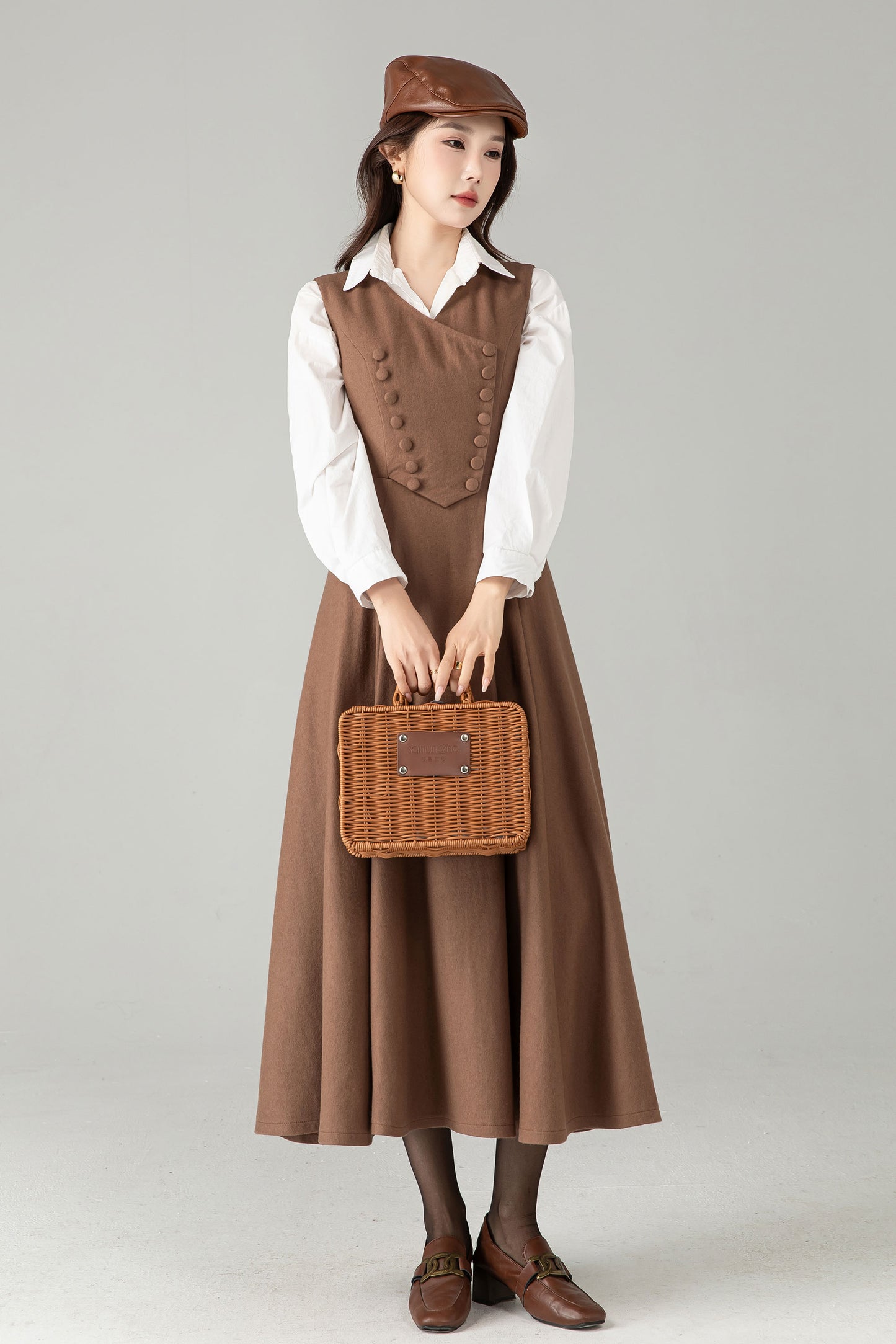 Camel Wool Pinafore Dress – Vintage A-Line Winter Jumper Dress | Xiaolizi 6568