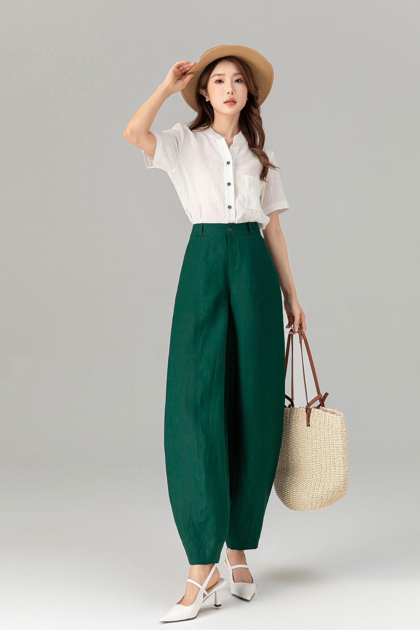 Green loose fitting long linen pants for spring 4919