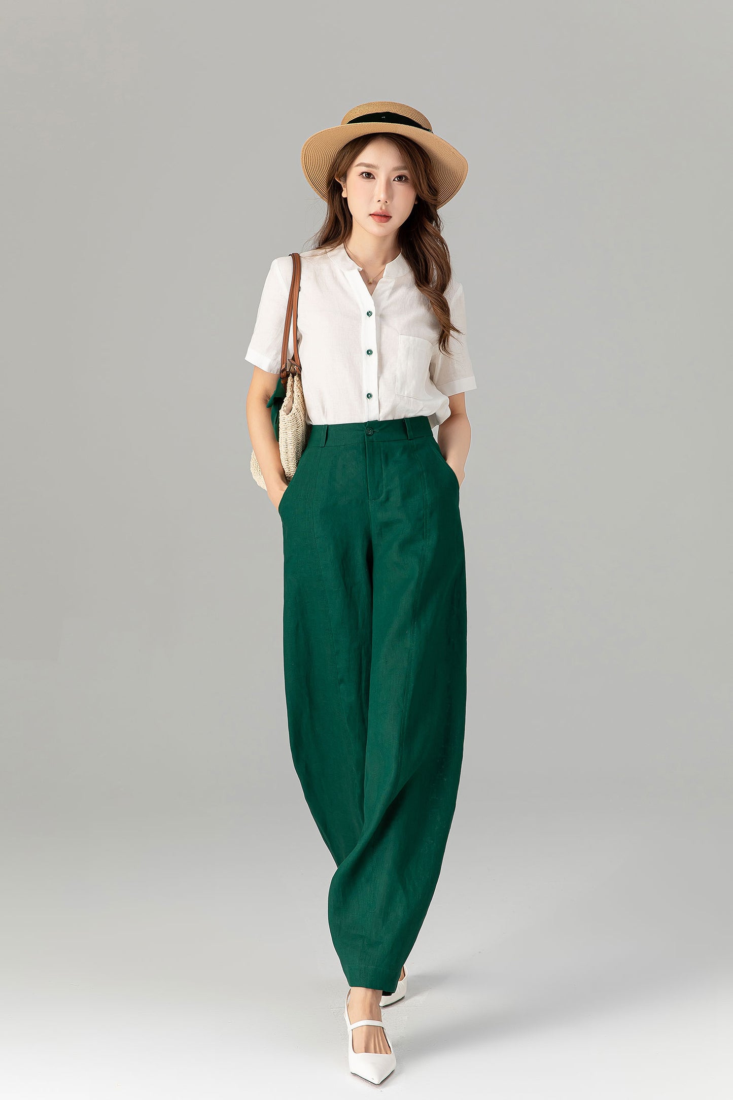 Green loose fitting long linen pants for spring 4919