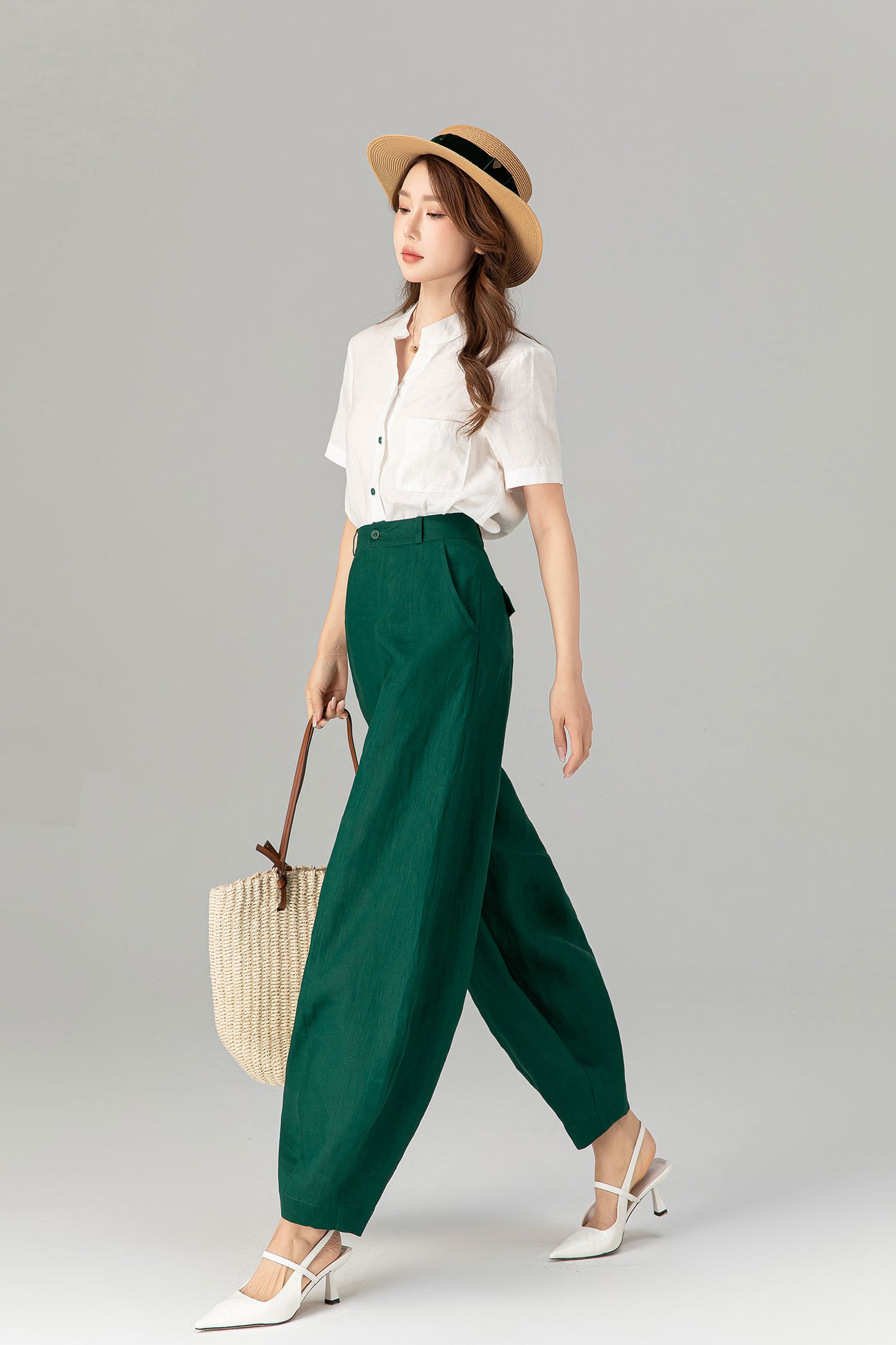 Green loose fitting long linen pants for spring 4919