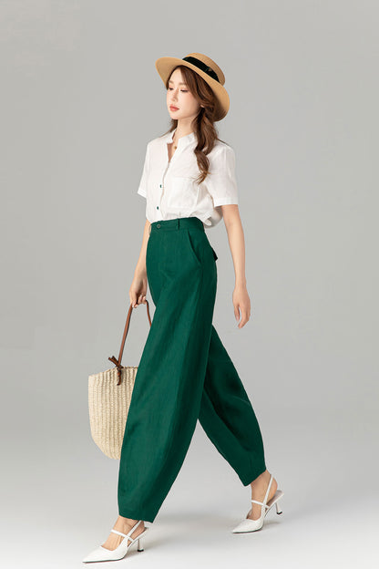 Green loose fitting long linen pants for spring Handmade by xiaolizi family studio 4919