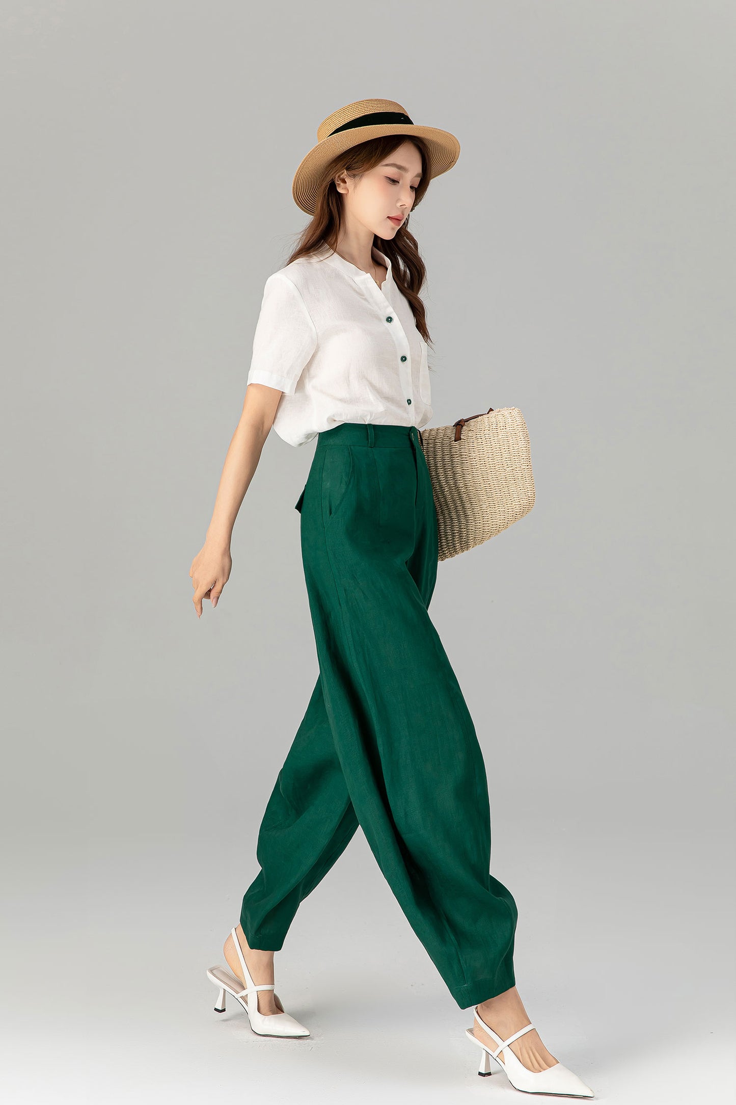 Green loose fitting long linen pants for spring 4919