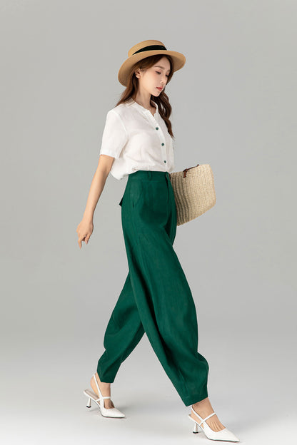 Green loose fitting long linen pants for spring Handmade by xiaolizi family studio 4919