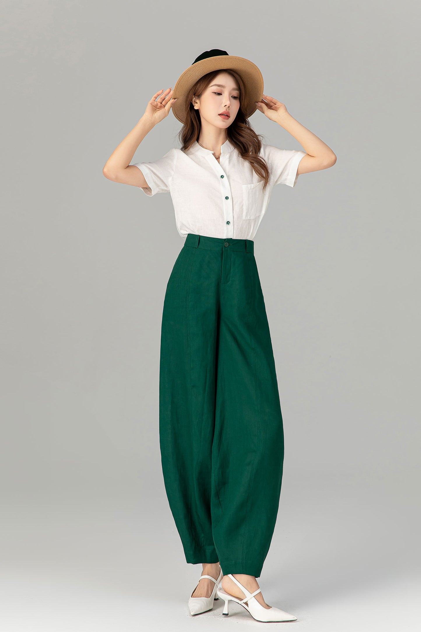 Green loose fitting long linen pants for spring 4919