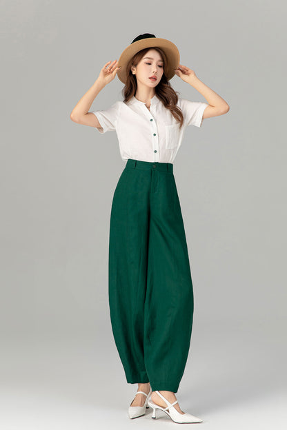 Green loose fitting long linen pants for spring Handmade by xiaolizi family studio 4919