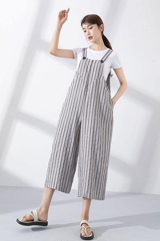 Gray Striped Linen Jumpsuits 4217