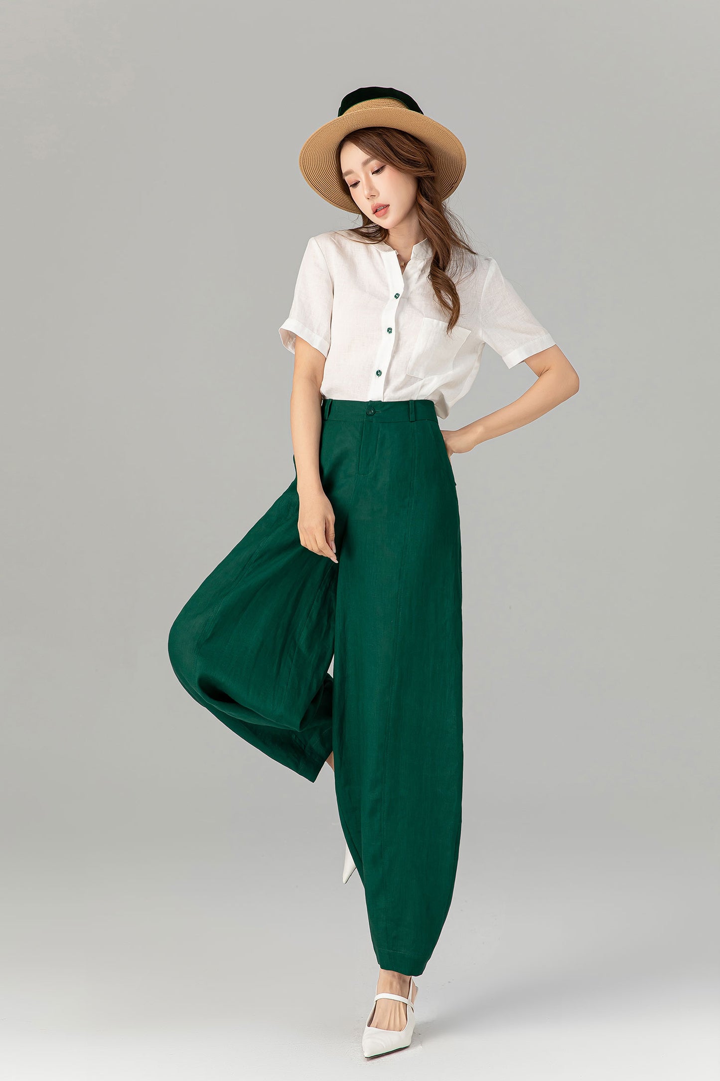 Green loose fitting long linen pants for spring 4919