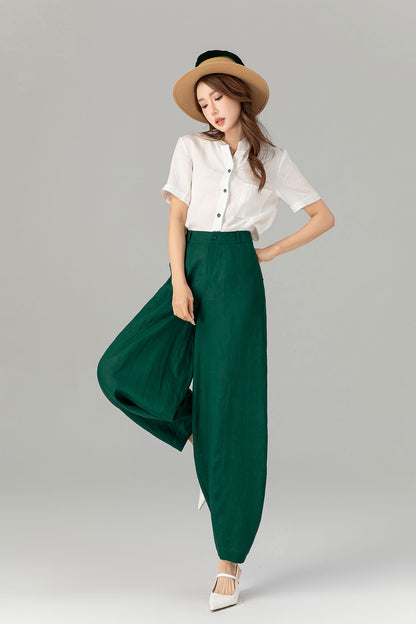 Green loose fitting long linen pants for spring Handmade by xiaolizi family studio 4919
