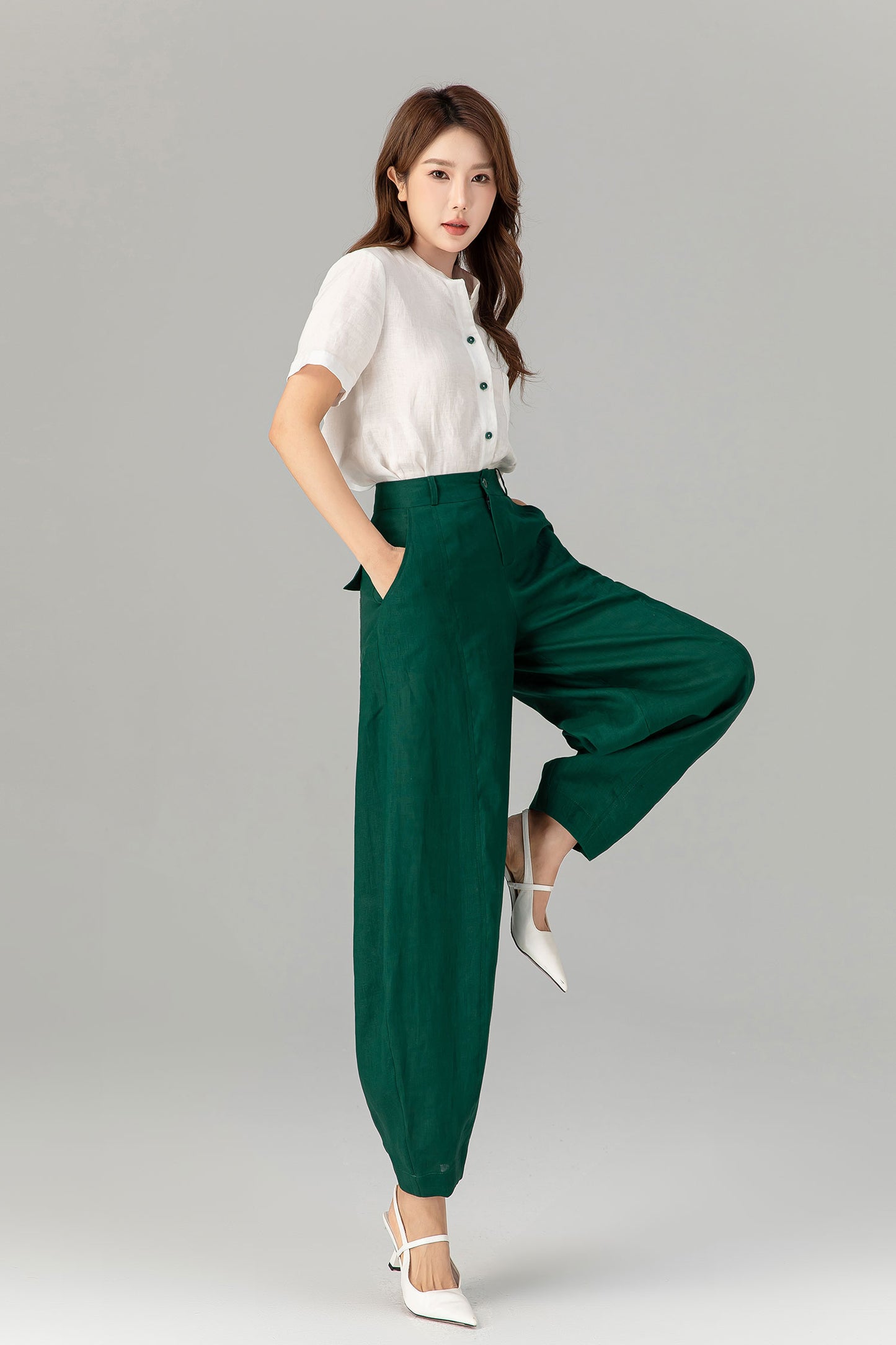 Green loose fitting long linen pants for spring 4919