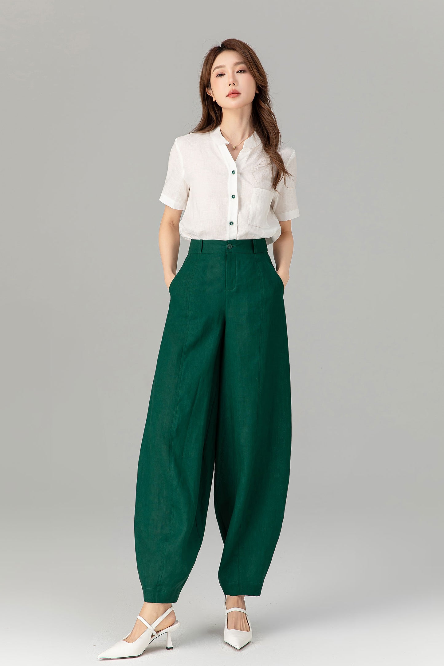 Green loose fitting long linen pants for spring 4919